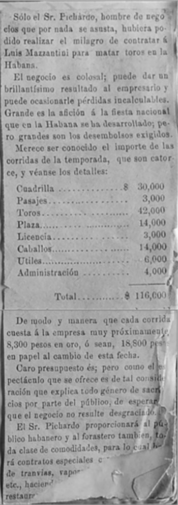 Noticia comentando el gasto asociado a  una corrida de toros en La Habana. Año 1887.