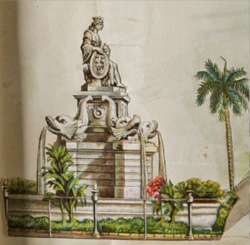 <b>2)</b> Fuente de La Noble Habana o de la India dibujada, presuntamente, por Luís Shelly Correa, entre 1885 y 1887.