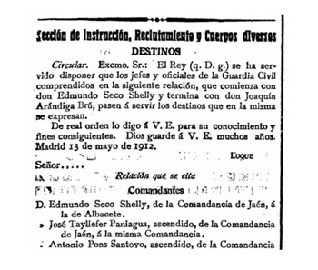 En 1912, a los pocos meses de estar en la comandancia de Jaén, Edmundo Seco Shelly fue destinado a la comandancia de Albacete.