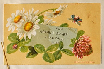 Tarjeta del bautizo de Florencio Álvaro, 1880.