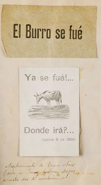Polka popular relacionada con la caída del presidente argentina Miguel Ángel Juárez Celman y la imagen que acompañaba a la polka cantada por el pueblo en la caída del presidente argentino Juárez Celman, Buenos Aires, 1890.