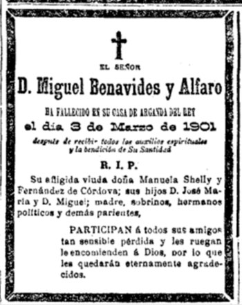 Esquela de Miguel Benavides Alfaro, esposo de Manuela Shelly Fernández de Córdoba.