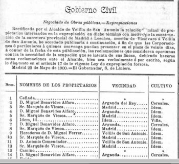 Comunicación de expropiación de diversos terrenos, entre ellos los de Miguel Benavides Alfaro, marido de Manuela Shelly Fernández de Córdoba.