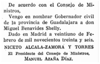 Noticia sobre el nombramiento de Miguel Benavides Shelly, hijo de Manuela Shelly Fernández de Córdoba, como gobernador civil de Guadalajara en 1936.
