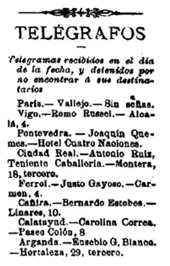 Aviso de telégrafos sobre un telegrama no entregado a Carolina Correa Sotomayor por no localizarla en Calatayud.