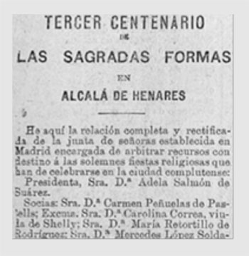 Nota de prensa en la que se menciona a Carolina Correa durante la recogida de fondos para la fiesta del Tricentenario de las Sagradas Formas, en Alcalá de Henares.
