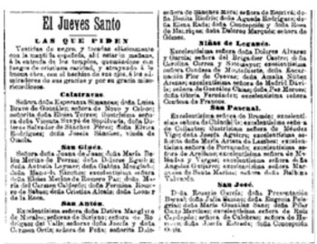 Nota de prensa en la que se cita a Carolina Correa Sotomayor como miembro de la mesa que recolecta dinero el día de Jueves Santo.