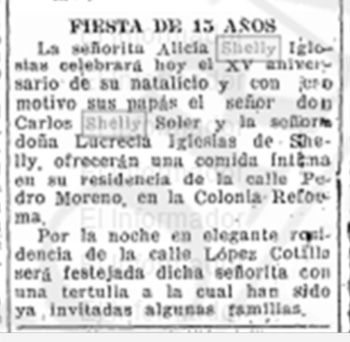 Nota de prensa anunciando la celebración de una fiesta con motivo del XV aniversario de Alicia Shelly Iglesias, hija de Carlos Shelly Soler.