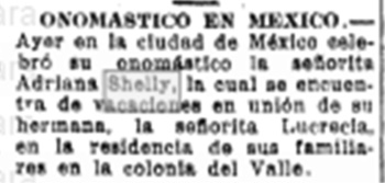 Nota de prensa anunciando el onomástico de Adriana Shelly Iglesias.