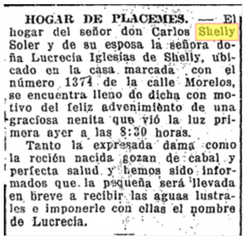 Noticia sobre el nacimiento de Lucrecia Shelly Iglesias.