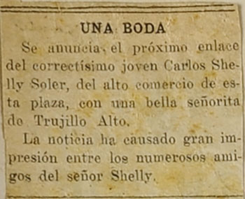 Anuncio del compromiso de Carlos Shelly Soler en un periódico local.